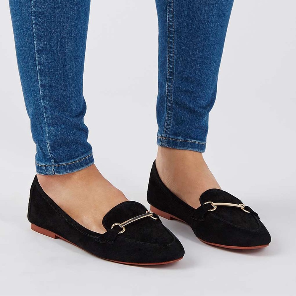 TOPSHOP black suede shoes size 8 gold bar